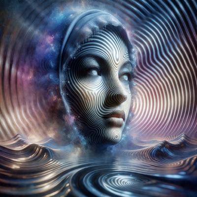 The primary subject of the image is a woman's face, which is the main focus of the image. The setting is a space-like environment, with a background of swirling, colorful patterns. The visual style is digital art, as the face is depicted in a futuristic, artistic manner. The colors and mood of the image are vibrant and dynamic, with a sense of movement and energy.